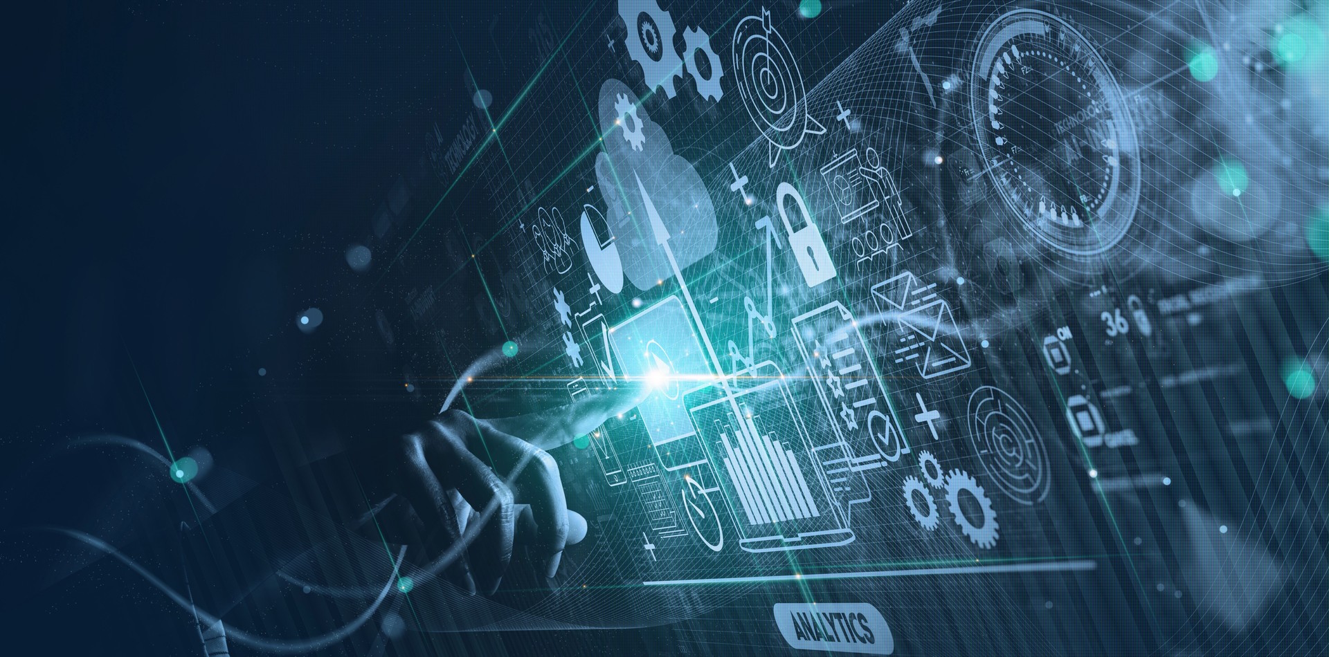 Hand touching Business data analytics process management with KPI financial charts and graph and automated marketing dashboard.
